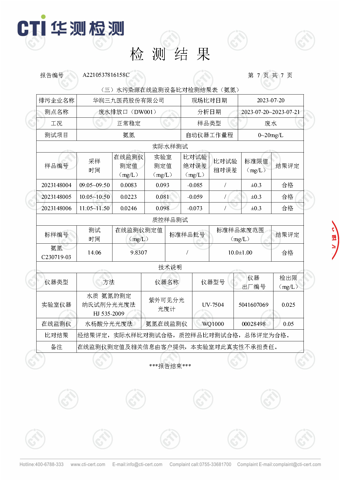 ng电子游戏总部2023年3季度废水在线监测设备比对检测汇报_Page7